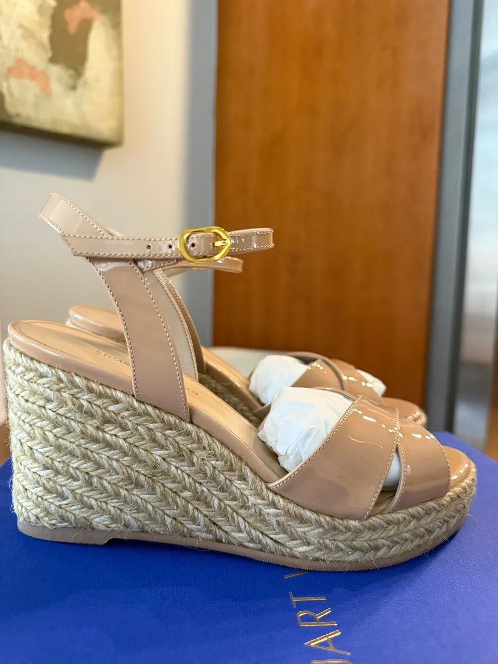 Stuart Weitzman Beige Patent Espadrille Wedge Sandals - Picture 2 of 3